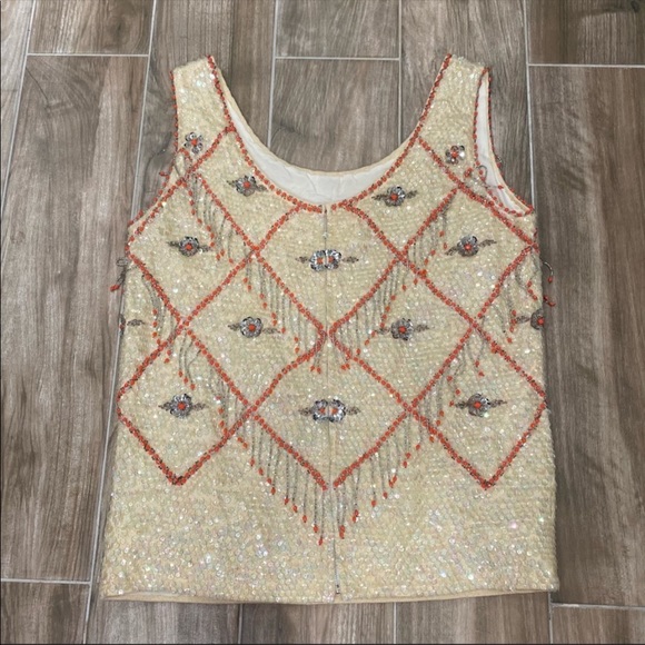 Vintage beige orange western sequin tank blouse - Picture 2 of 9